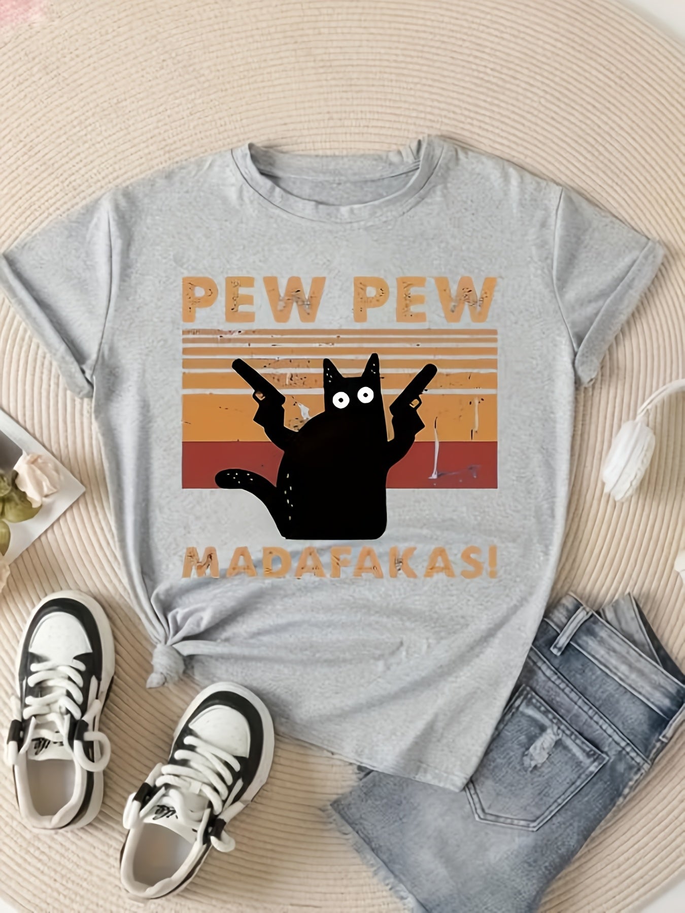 Damen Freizeit-T-Shirt mit Grafik Schwarze Katze, Rundhalsausschnitt, Kurzarm, Baumwollmischung