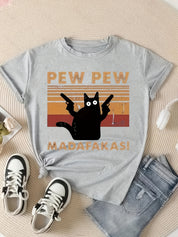 Damen Freizeit-T-Shirt mit Grafik Schwarze Katze, Rundhalsausschnitt, Kurzarm, Baumwollmischung