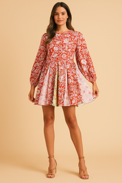 Damen Mini Sommerkleid Rot mit Blumenmuster – Langarm, Baumwolle