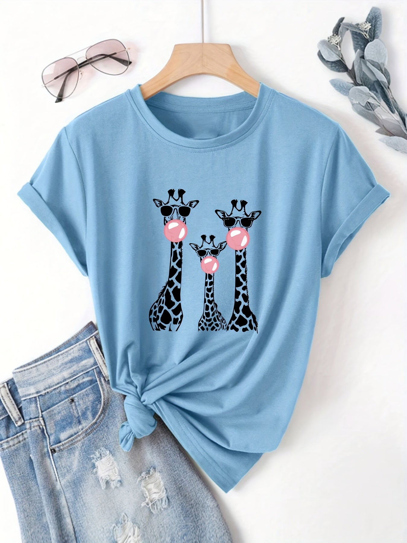 Damen T-Shirt mit Drei-Giraffen-Print – Rundhalsausschnitt, lässig, bequem