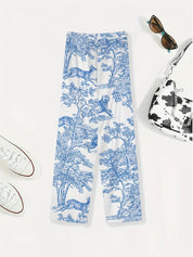 Damen Sommerhose – Leicht, gerade geschnitten, weiß mit blauer Tier- & Pflanzen-Grafik