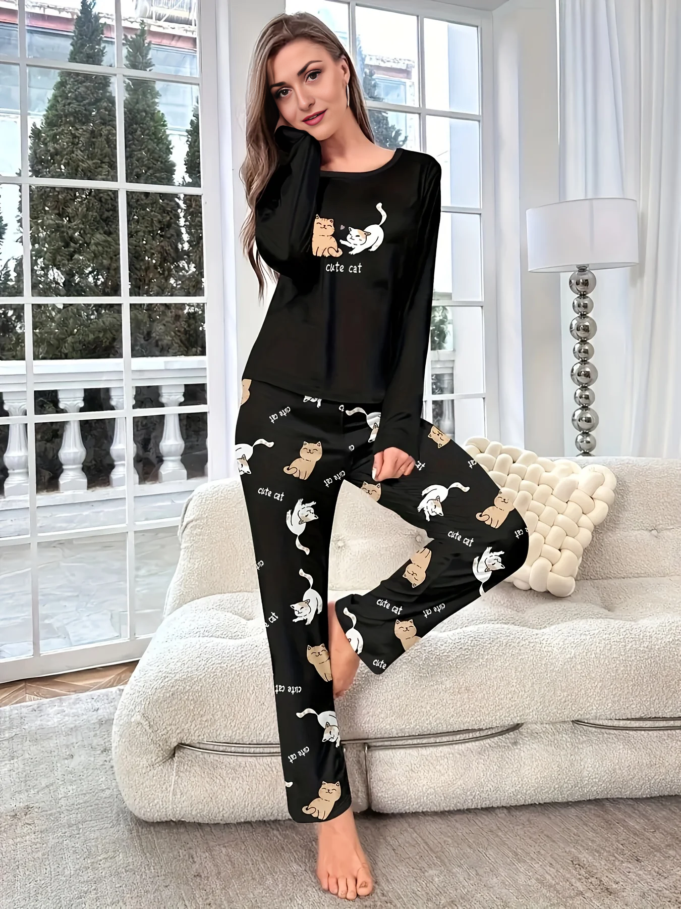 Damen Pyjama-Set mit Tiermotiv – Rundhalsausschnitt, bequem, ganzjährig tragbar