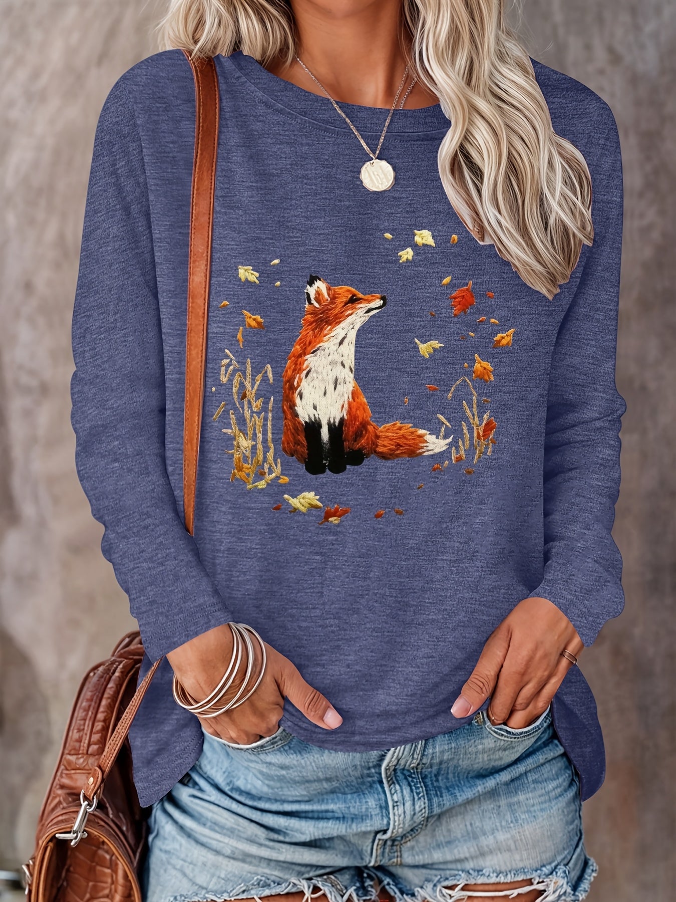 Damen Langarmshirt mit Fuchs- & Herbstblätter-Print – Rundhalsausschnitt, reguläre Länge, lässig, Frühling & Herbst
