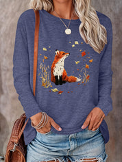 Damen Langarmshirt mit Fuchs- & Herbstblätter-Print – Rundhalsausschnitt, reguläre Länge, lässig, Frühling & Herbst