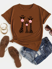 Damen T-Shirt mit Drei-Giraffen-Print – Rundhalsausschnitt, lässig, bequem