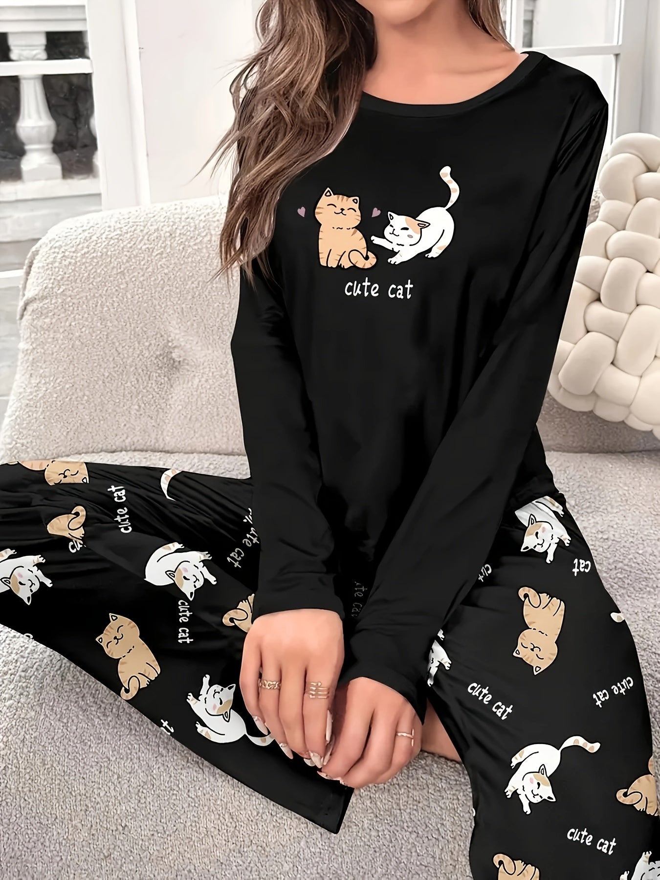 Damen Pyjama-Set mit Tiermotiv – Rundhalsausschnitt, bequem, ganzjährig tragbar