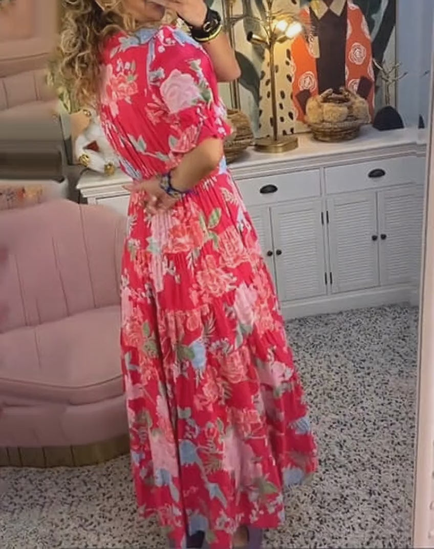 Damen Maxikleid Sommer Boho Blumenprint – V-Ausschnitt, Luftig, Farbwahl