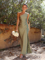 Damen Abendkleid Salbeigrün, asymmetrisch, elegant & bodenlang