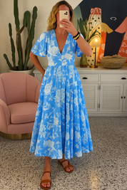 Damen Maxikleid Sommer Boho Blumenprint – V-Ausschnitt, Luftig, Farbwahl