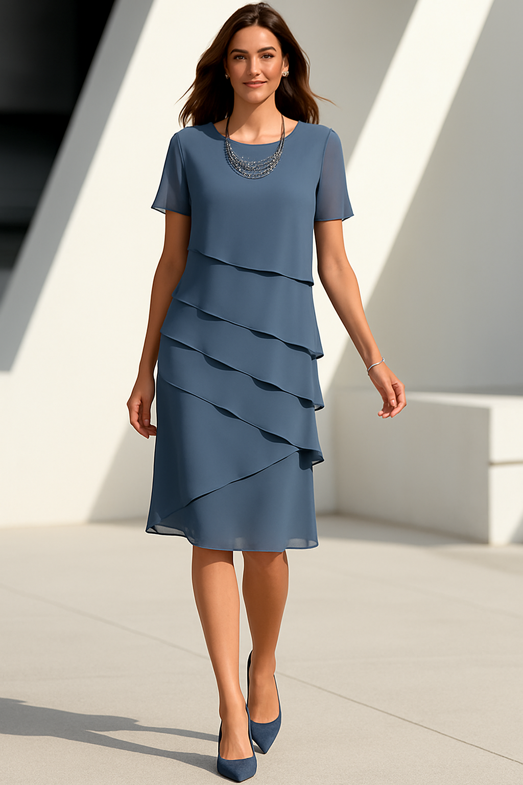Damen Midi Kleid Mit Transparenten Ärmeln und Schichtendesign