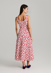 Sommerkleid mit roten Blumen – Midikleid, ärmellos, tailliert, Rundhalsausschnitt